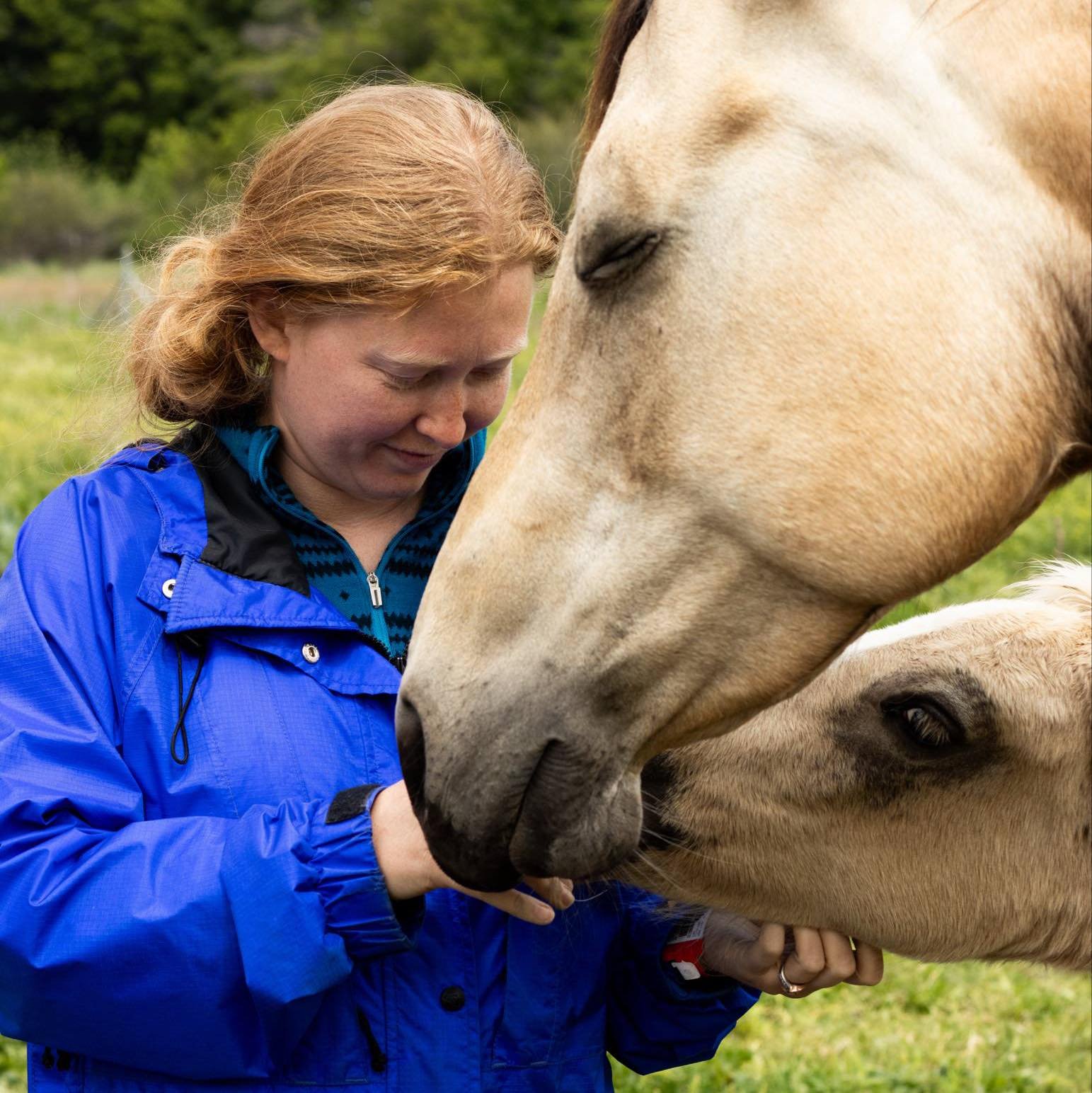 A woman petting a horse and its foal.